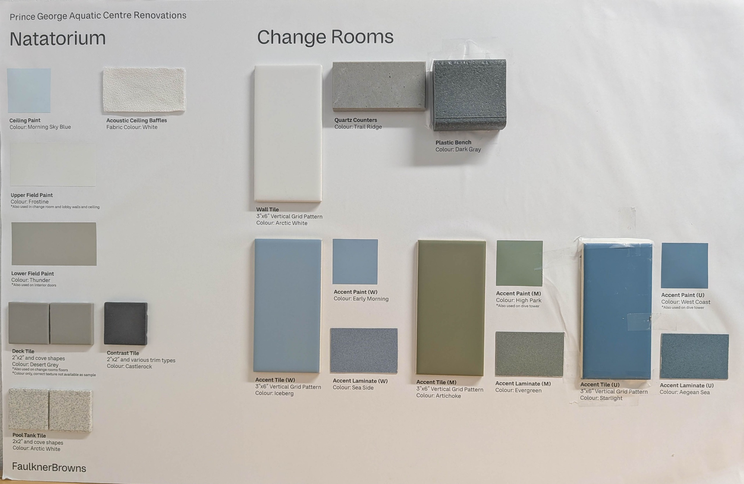 Image of paint, tile, bench, and counter examples for the change rooms, natatorium, and dive tower