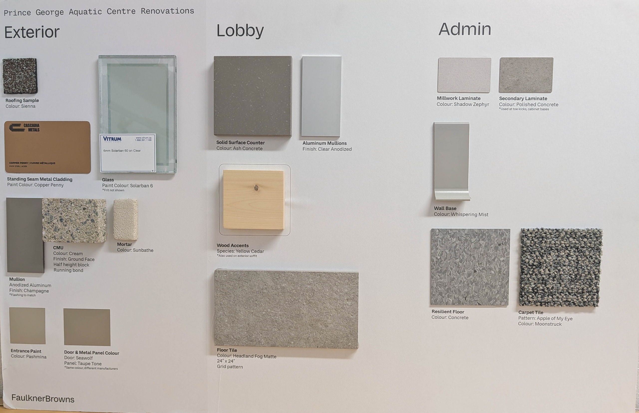 Image of siding, roofing, paint, tile, and counter examples for the exterior, lobby, and admin areas 