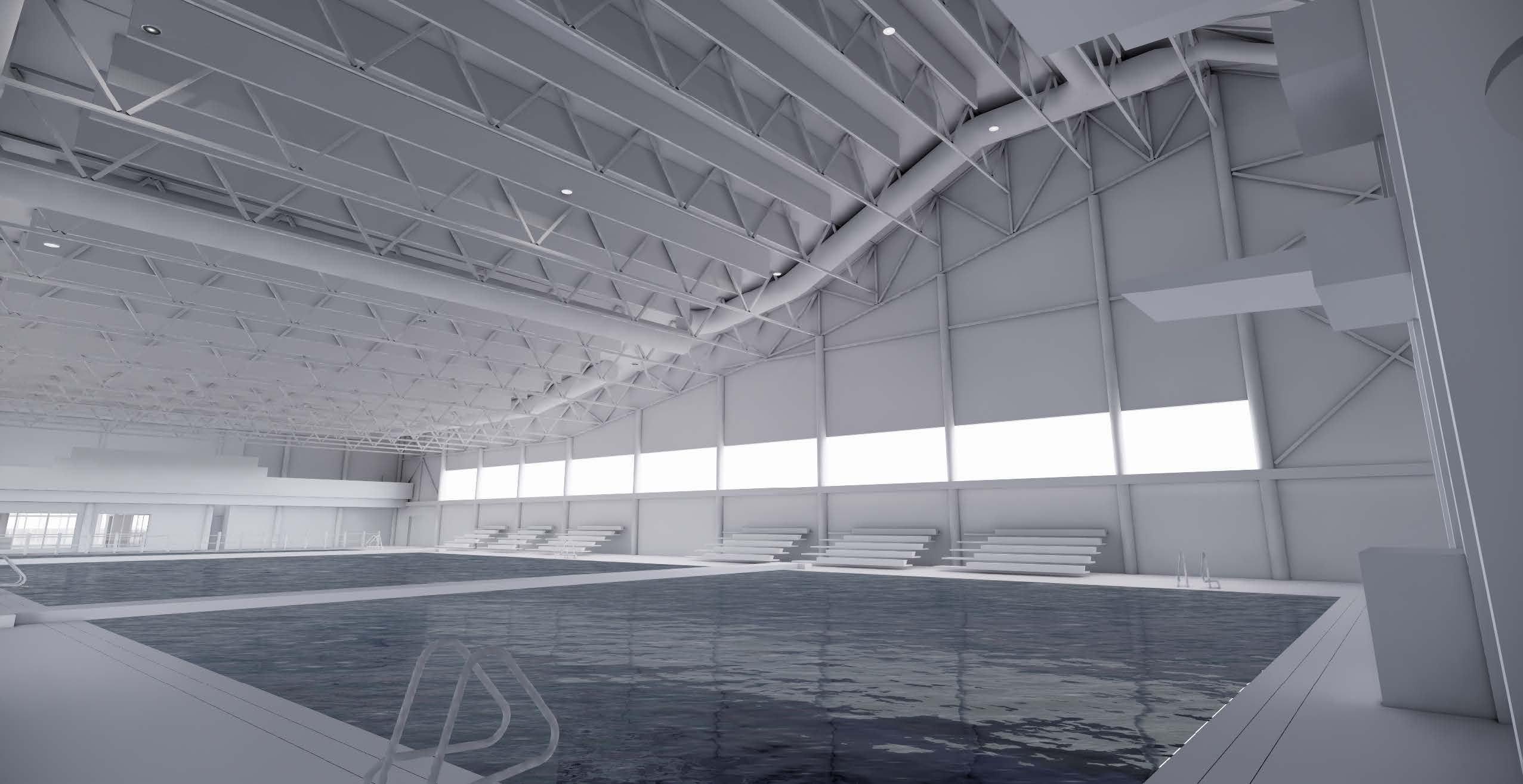 Rendering of interior upgrades at the Aquatic Centre, showcasing the bleachers and dive tank with new tile and paint