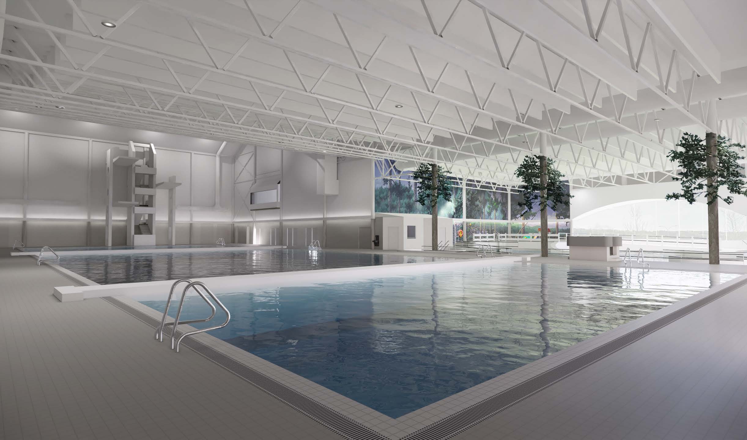 Rendering of interior upgrades at the Aquatic Centre, showcasing the teaching pool and the wave pool with new tile and paint