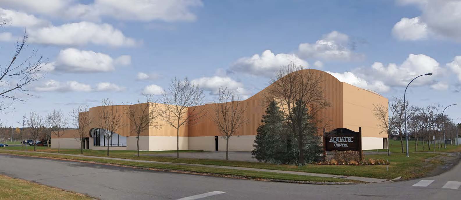 Rendering of exterior upgrades at the Aquatic Centre, including updated siding 